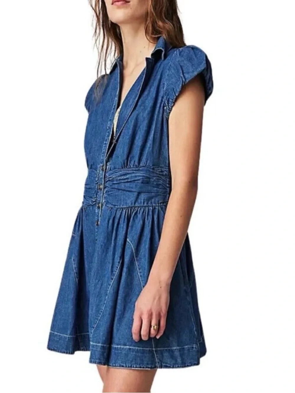 Free People Chester Denim Mini Dress Smocked Waist Small $128 - Picture 1 of 16